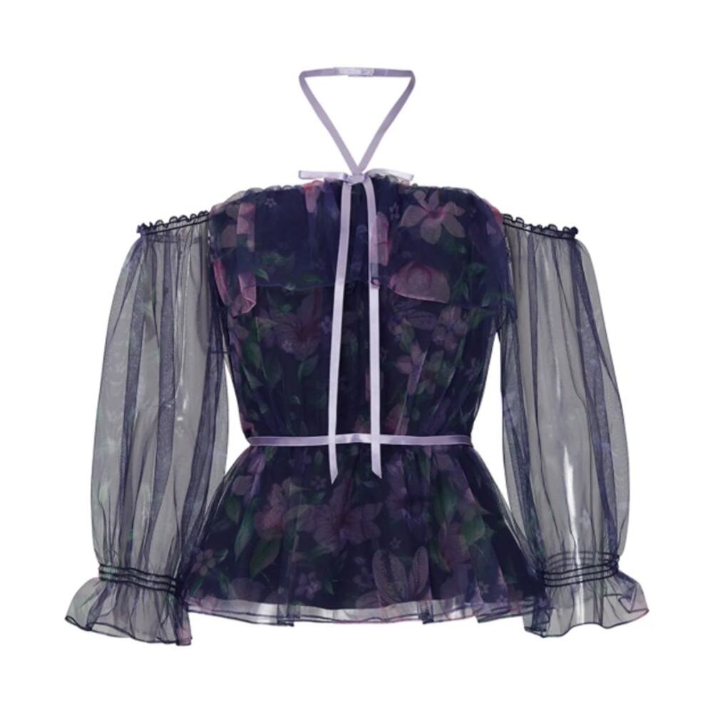 Marchesa Notte Floral Mesh Tulle Ribbon Off The Shoulder Top Navy Size 8